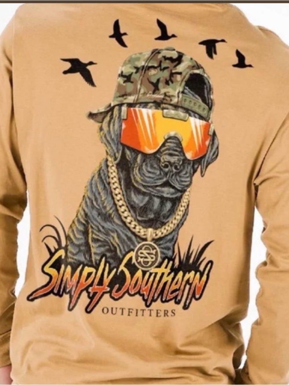 Simply Southern Tan Long Sleeve Shirt with Dog Graphic and Orange Lenses